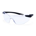 A pair of safety spectacles with clear impact-resistant lenses and adjustable side arms, for eye protection during site work.