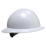 A white safety helmet with an adjustable suspension harness and ventilation slots, providing impact protection on construction sites.