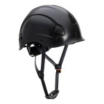 A black safety helmet with an adjustable suspension harness and ventilation slots, providing impact protection on construction sites.