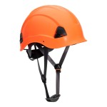 A orange safety helmet with an adjustable suspension harness and ventilation slots, providing impact protection on construction sites.
