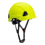 A yellow safety helmet with an adjustable suspension harness and ventilation slots, providing impact protection on construction sites.