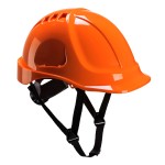 A orange safety helmet with an adjustable suspension harness and ventilation slots, providing impact protection on construction sites.