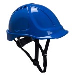 A blue safety helmet with an adjustable suspension harness and ventilation slots, providing impact protection on construction sites.