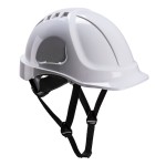 A white safety helmet with an adjustable suspension harness and ventilation slots, providing impact protection on construction sites.
