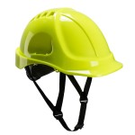 A yellow safety helmet with an adjustable suspension harness and ventilation slots, providing impact protection on construction sites.