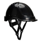 A black safety helmet with an adjustable suspension harness and ventilation slots, providing impact protection on construction sites.