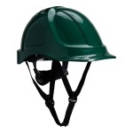 A green safety helmet with an adjustable suspension harness and ventilation slots, providing impact protection on construction sites.