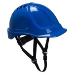 A blue safety helmet with an adjustable suspension harness and ventilation slots, providing impact protection on construction sites.