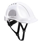 A white safety helmet with an adjustable suspension harness and ventilation slots, providing impact protection on construction sites.