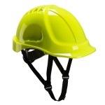 A yellow safety helmet with an adjustable suspension harness and ventilation slots, providing impact protection on construction sites.