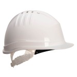A white safety helmet with an adjustable suspension harness and ventilation slots, providing impact protection on construction sites.