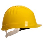 A yellow safety helmet with an adjustable suspension harness and ventilation slots, providing impact protection on construction sites.