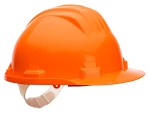 A orange safety helmet with an adjustable suspension harness and ventilation slots, providing impact protection on construction sites.