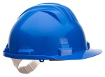 A blue safety helmet with an adjustable suspension harness and ventilation slots, providing impact protection on construction sites.