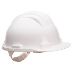 A white safety helmet with an adjustable suspension harness and ventilation slots, providing impact protection on construction sites.