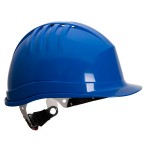 A blue safety helmet with an adjustable suspension harness and ventilation slots, providing impact protection on construction sites.