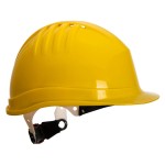 A yellow safety helmet with an adjustable suspension harness and ventilation slots, providing impact protection on construction sites.