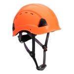 A orange safety helmet with an adjustable suspension harness and ventilation slots, providing impact protection on construction sites.