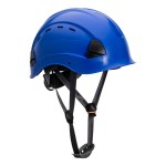 A blue safety helmet with an adjustable suspension harness and ventilation slots, providing impact protection on construction sites.