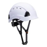 A white safety helmet with an adjustable suspension harness and ventilation slots, providing impact protection on construction sites.
