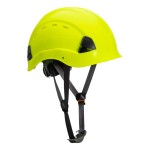 A yellow safety helmet with an adjustable suspension harness and ventilation slots, providing impact protection on construction sites.