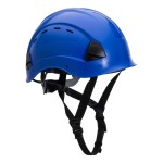 A blue safety helmet with an adjustable suspension harness and ventilation slots, providing impact protection on construction sites.