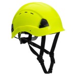 A yellow safety helmet with an adjustable suspension harness and ventilation slots, providing impact protection on construction sites.