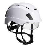 A white safety helmet with an adjustable suspension harness and ventilation slots, providing impact protection on construction sites.