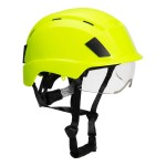 A yellow safety helmet with an adjustable suspension harness and ventilation slots, providing impact protection on construction sites.