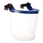 A protective face visor with a clear scratch-resistant polycarbonate shield and adjustable headband, offering full-face protection during grinding or chemical handling.