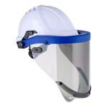 A protective face visor with a clear scratch-resistant polycarbonate shield and adjustable headband, offering full-face protection during grinding or chemical handling.