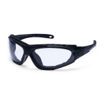 A pair of safety spectacles with clear impact-resistant lenses and adjustable side arms, for eye protection during site work.