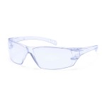 A pair of safety spectacles with clear impact-resistant lenses and adjustable side arms, for eye protection during site work.