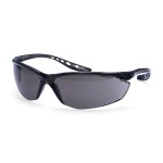 A pair of safety spectacles with clear impact-resistant lenses and adjustable side arms, for eye protection during site work.