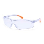 A pair of safety spectacles with clear impact-resistant lenses and adjustable side arms, for eye protection during site work.