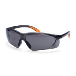 A pair of safety spectacles with clear impact-resistant lenses and adjustable side arms, for eye protection during site work.