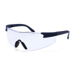 A pair of safety spectacles with clear impact-resistant lenses and adjustable side arms, for eye protection during site work.