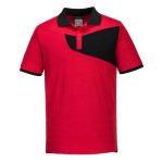 A red polo shirt designed for use on construction sites and in industrial work environments.,
