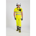 A high-visibility yellow polo shirt featuring retroreflective tape panels, suitable for a wide range of outdoor and site work applications.