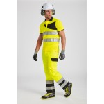 A high-visibility yellow polo shirt featuring retroreflective tape panels, suitable for a wide range of outdoor and site work applications.