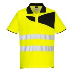 A high-visibility yellow polo shirt featuring retroreflective tape panels, suitable for a wide range of outdoor and site work applications.