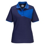 A women's navy blue polo shirt designed for use on construction sites and in industrial work environments.,