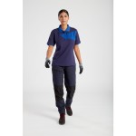 A women's navy blue polo shirt designed for use on construction sites and in industrial work environments.,