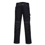 A pair of black work trousers featuring stretch panels for ease of movement, suitable for a wide range of outdoor and site work applications.