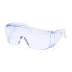 A pair of safety spectacles with clear impact-resistant lenses and adjustable side arms, for eye protection during site work.