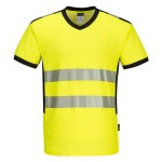 A high-visibility yellow work shirt featuring retroreflective tape panels, suitable for a wide range of outdoor and site work applications.