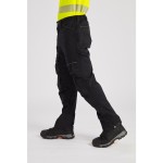 A pair of black work trousers designed for use on construction sites and in industrial work environments.,
