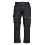 A pair of black work trousers designed for use on construction sites and in industrial work environments.,