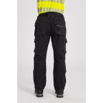 A pair of black work trousers designed for use on construction sites and in industrial work environments.,
