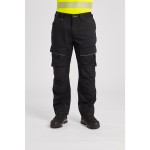 A pair of black work trousers designed for use on construction sites and in industrial work environments.,